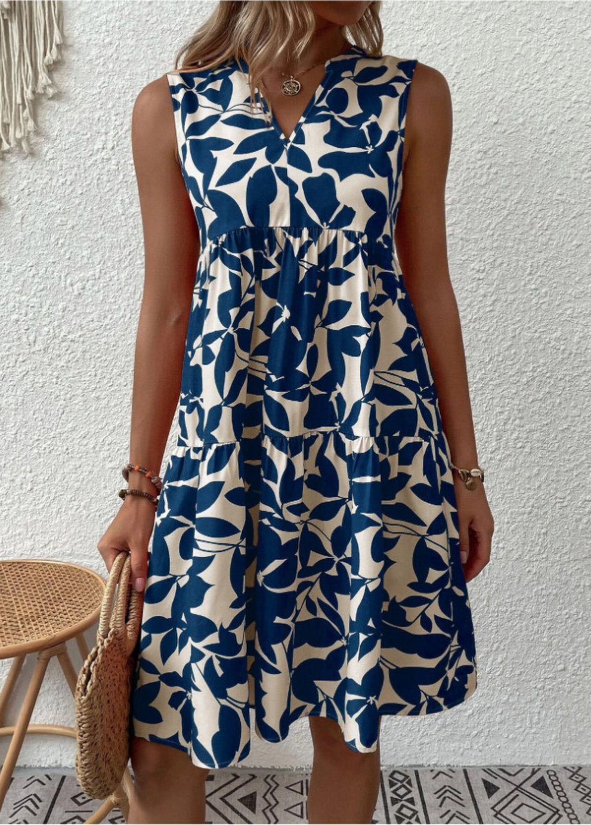 Bohemian V-Neck Pleated Printed Dress