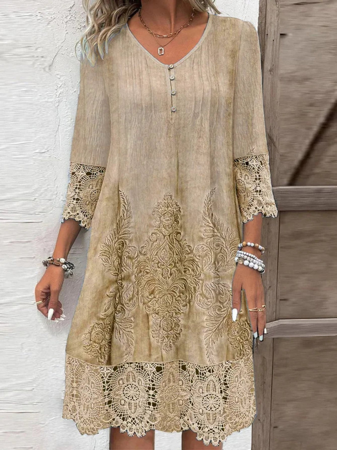 Contrast Lace V Neck Dress, Casual Button Front Three-quarter Sleeve Dress