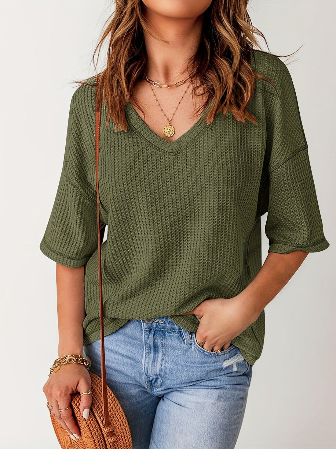 Solid Elegant V Neck T-Shirt, Drop Shoulder Casual Top