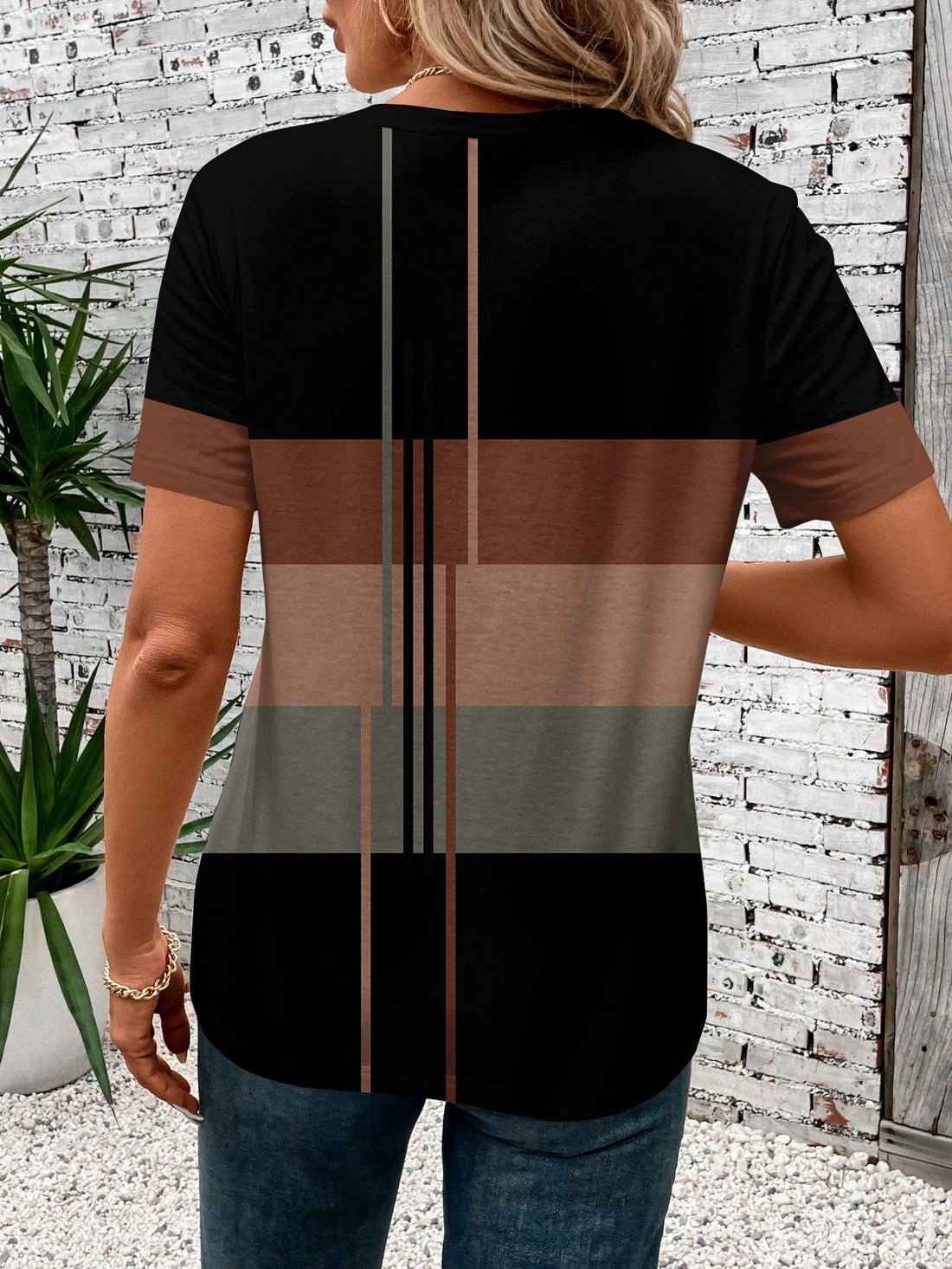 Casual Patchwork Pattern Round Neck Short Sleeve Loose Women T-Shirt