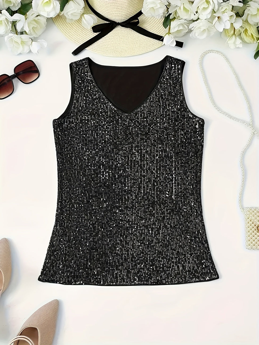 Sequin V-Neck Tank Top, an Elegant And Sexy Sleeveless Blouse