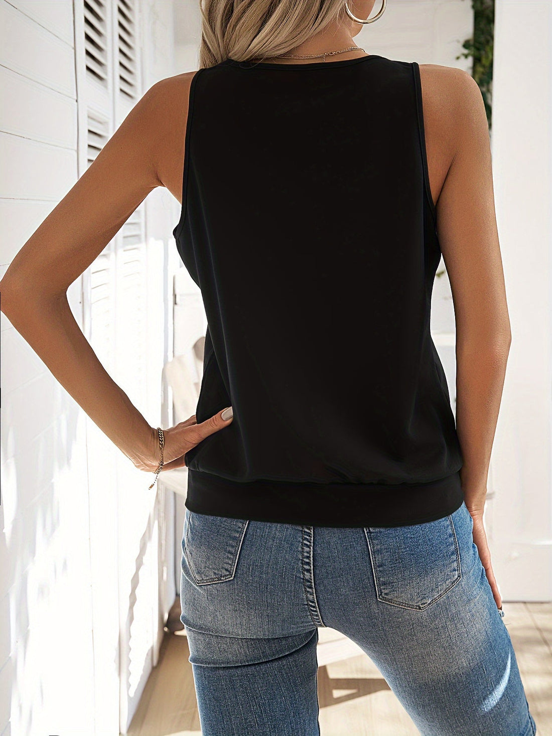 Solid Keyhole Crew Neck Tank Top, Elegant Sleeveless Top