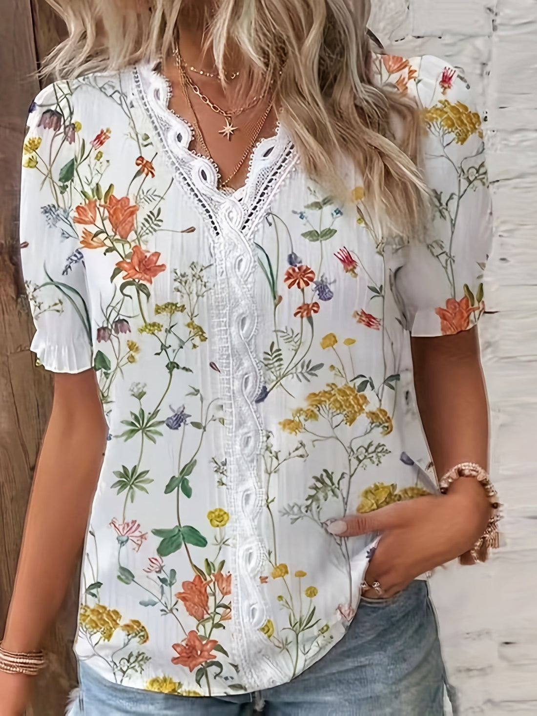 Floral Print Lace Trim Blouse, Vacation Striped V Neck Short Sleeve Blouse
