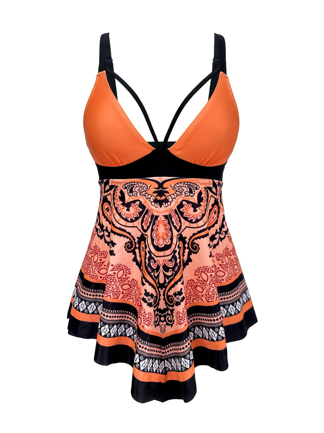 Tribal Print 2 Piece Set Tankini, V Neck Hanky Hem High Cut Swimsuits