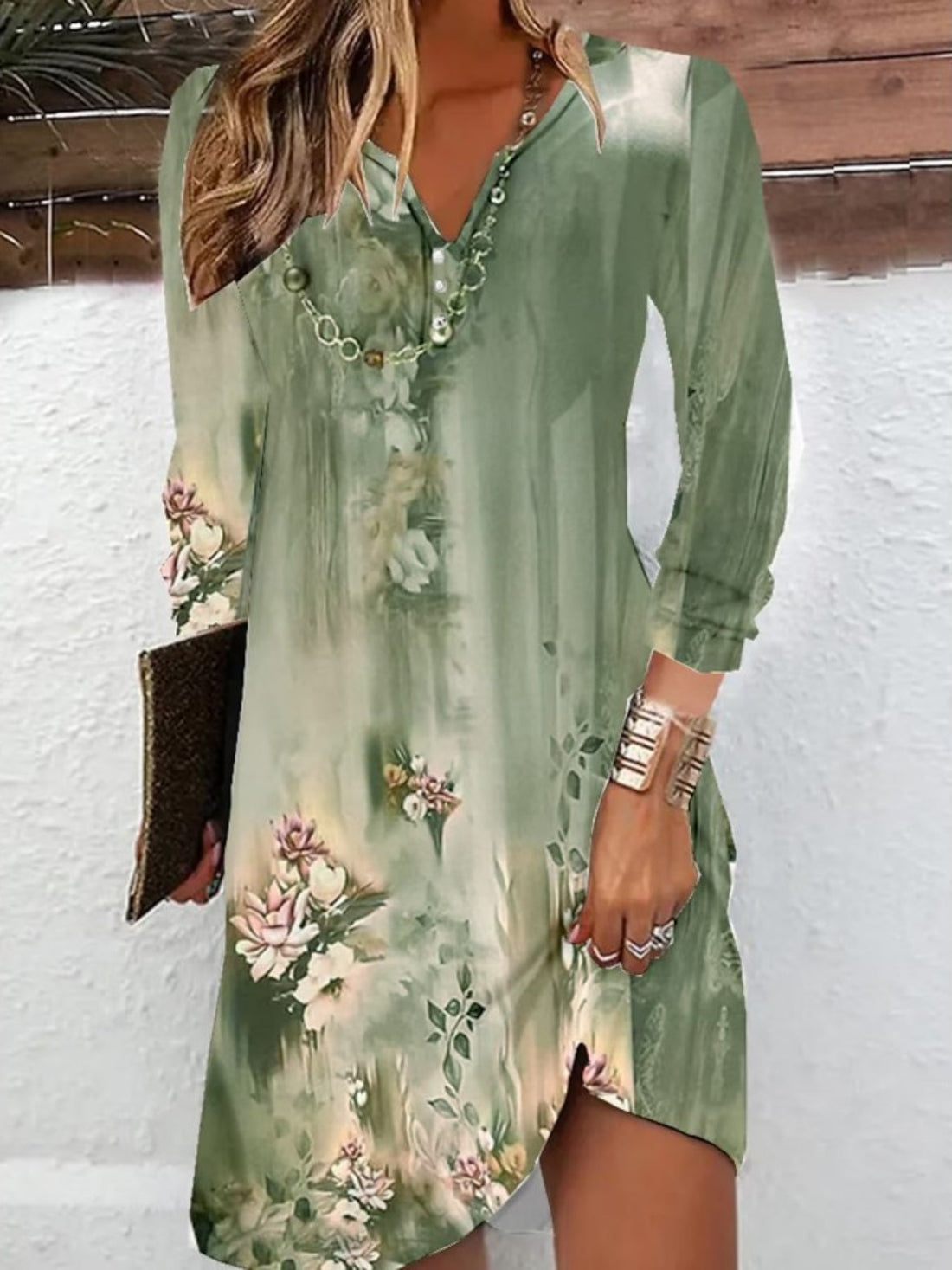 Floral Print Notched Neck Dress, Vintage Long Sleeve Mini Dress