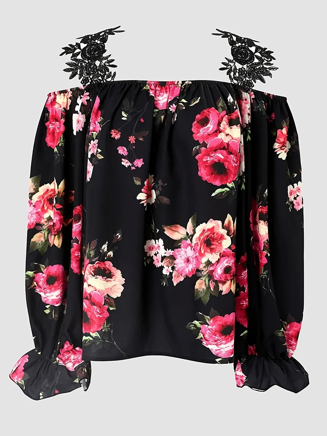 Lace Trim Floral Print Blouse, Casual Pleated Lantern Sleeve Off Shoulder Blouse