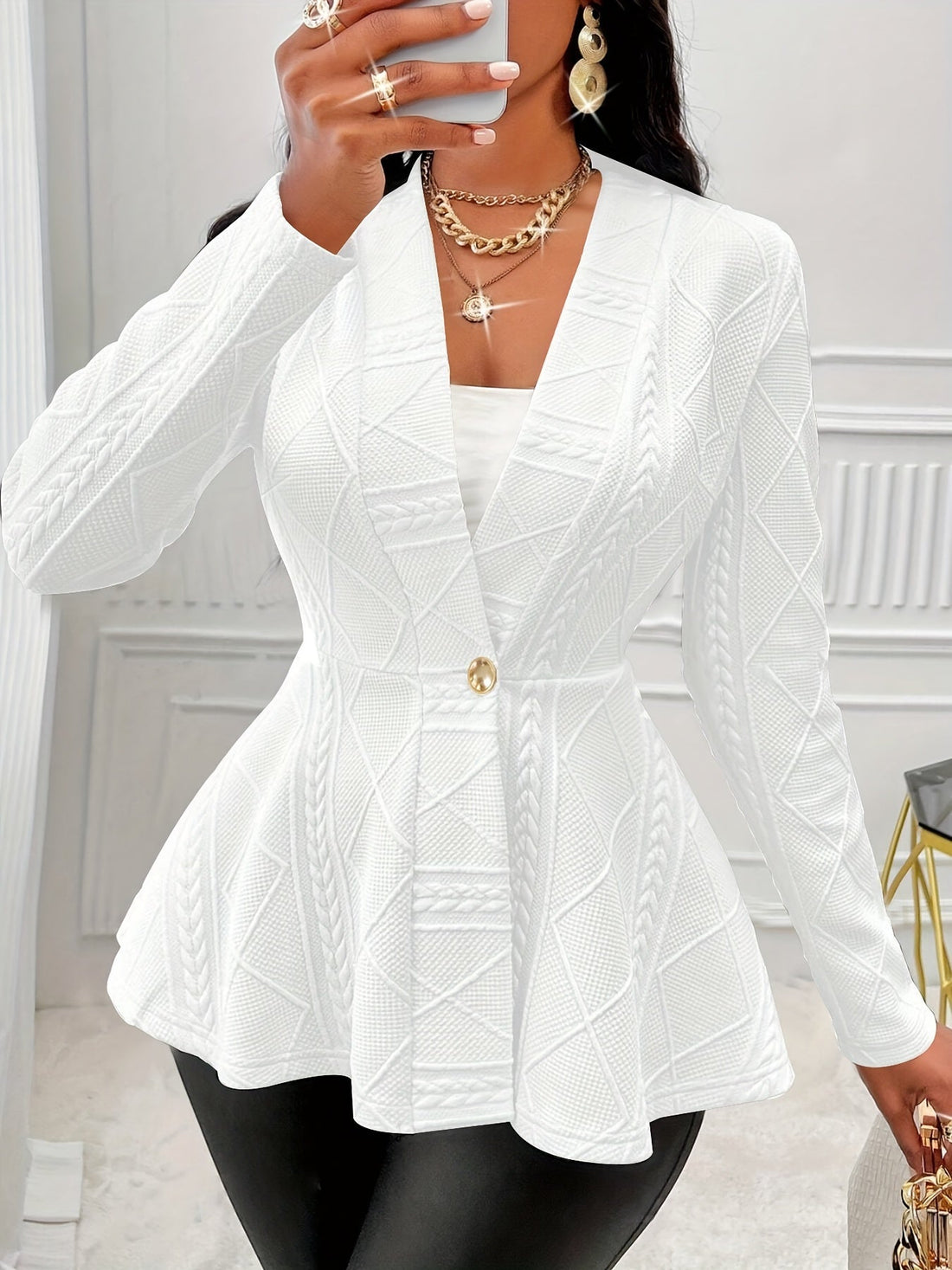 Chic Single-Button Blazer - Tailored Fit with Ruffle Hem Detail, Elegant Long Sleeve