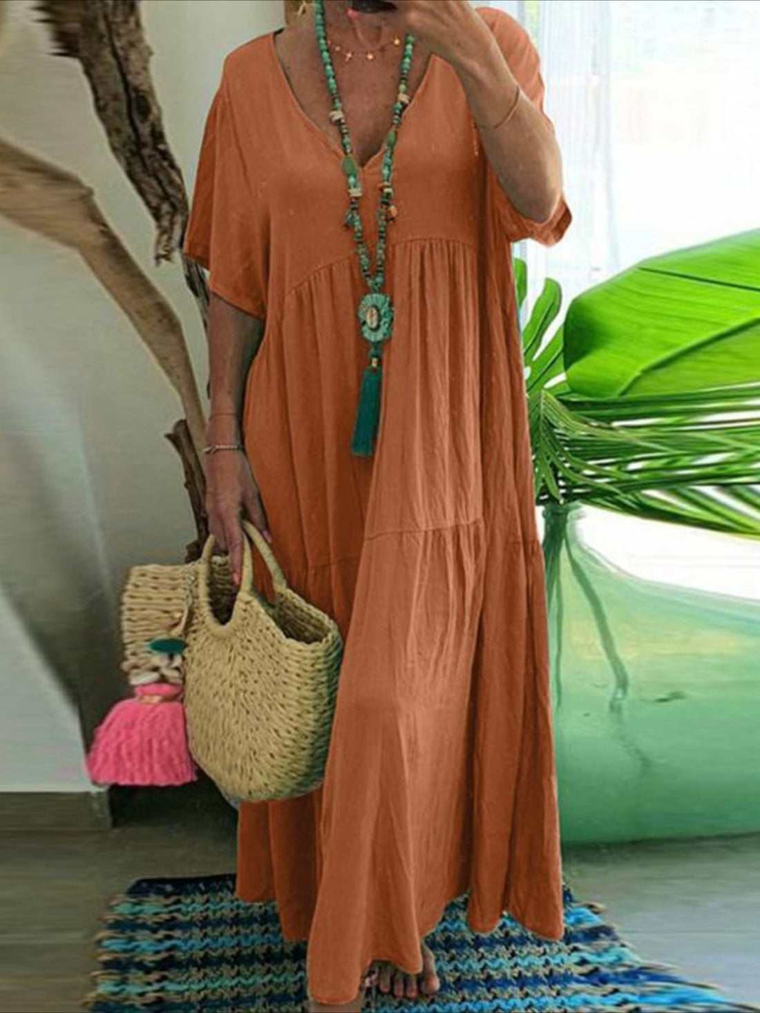 V-neck Short Sleeve Irregular Pendulum Maxi Dress