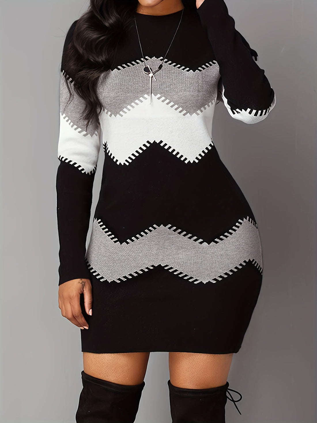 Casual Dress, Women's Colorblock Stripe Print Long Sleeve Round Neck Dress