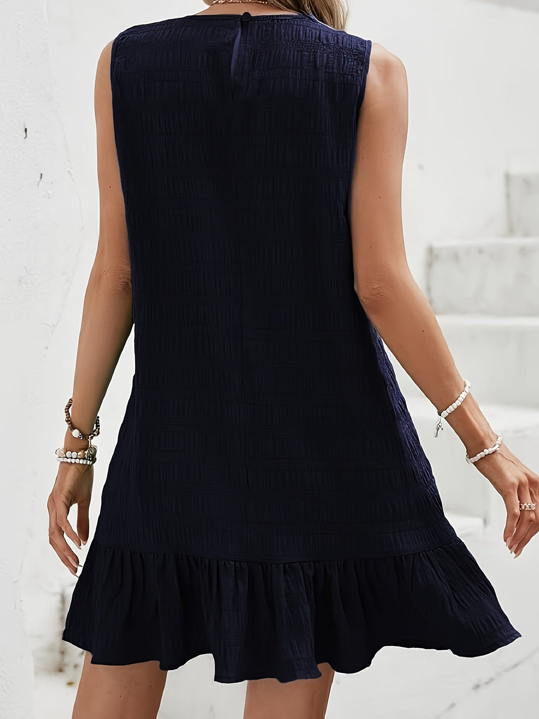 Textured Solid Ruffle Hem Tank Dress, Elegant Sleeveless Dress