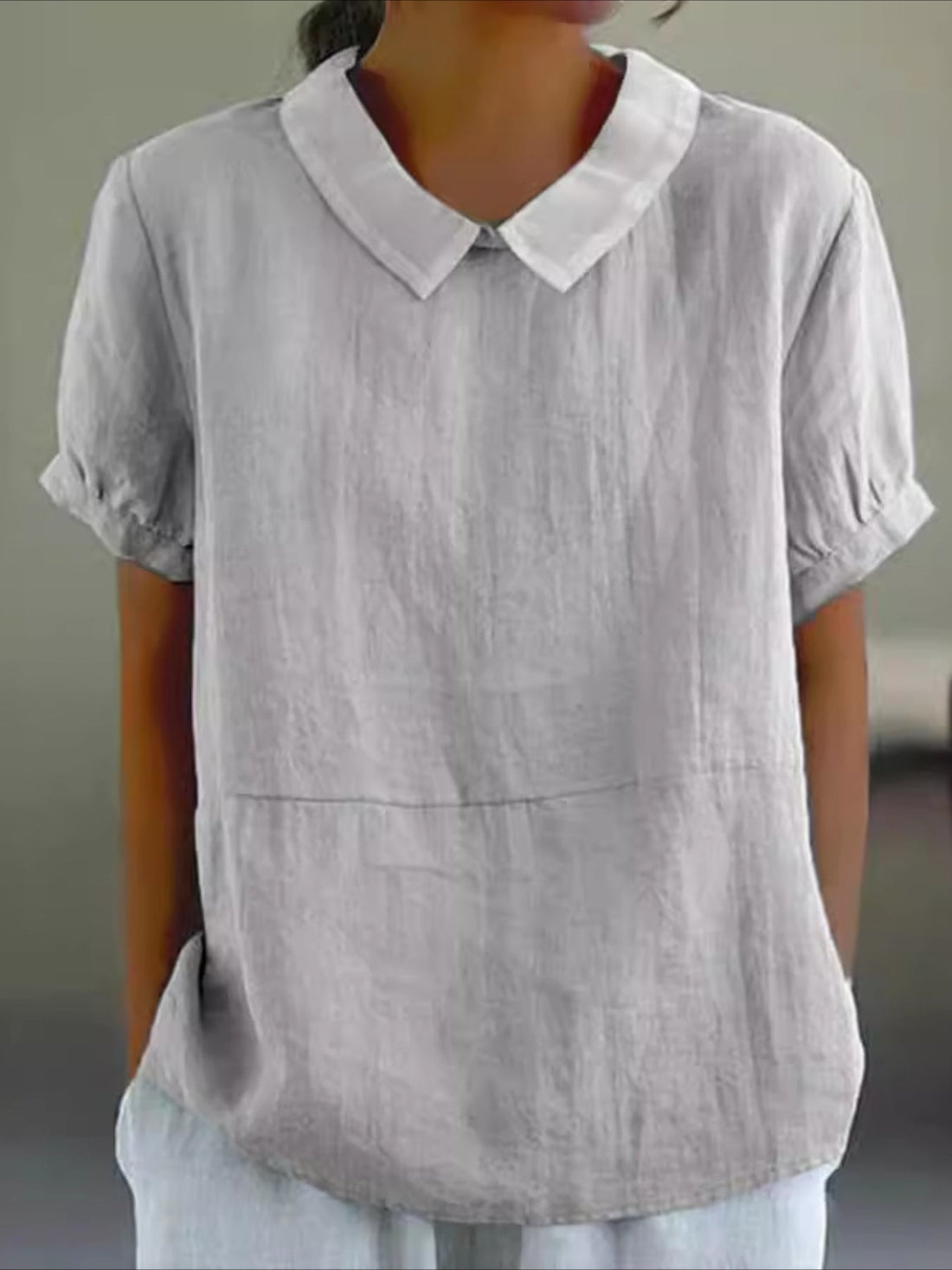 Solid Color Loose Lapel Short Sleeve Cotton Top
