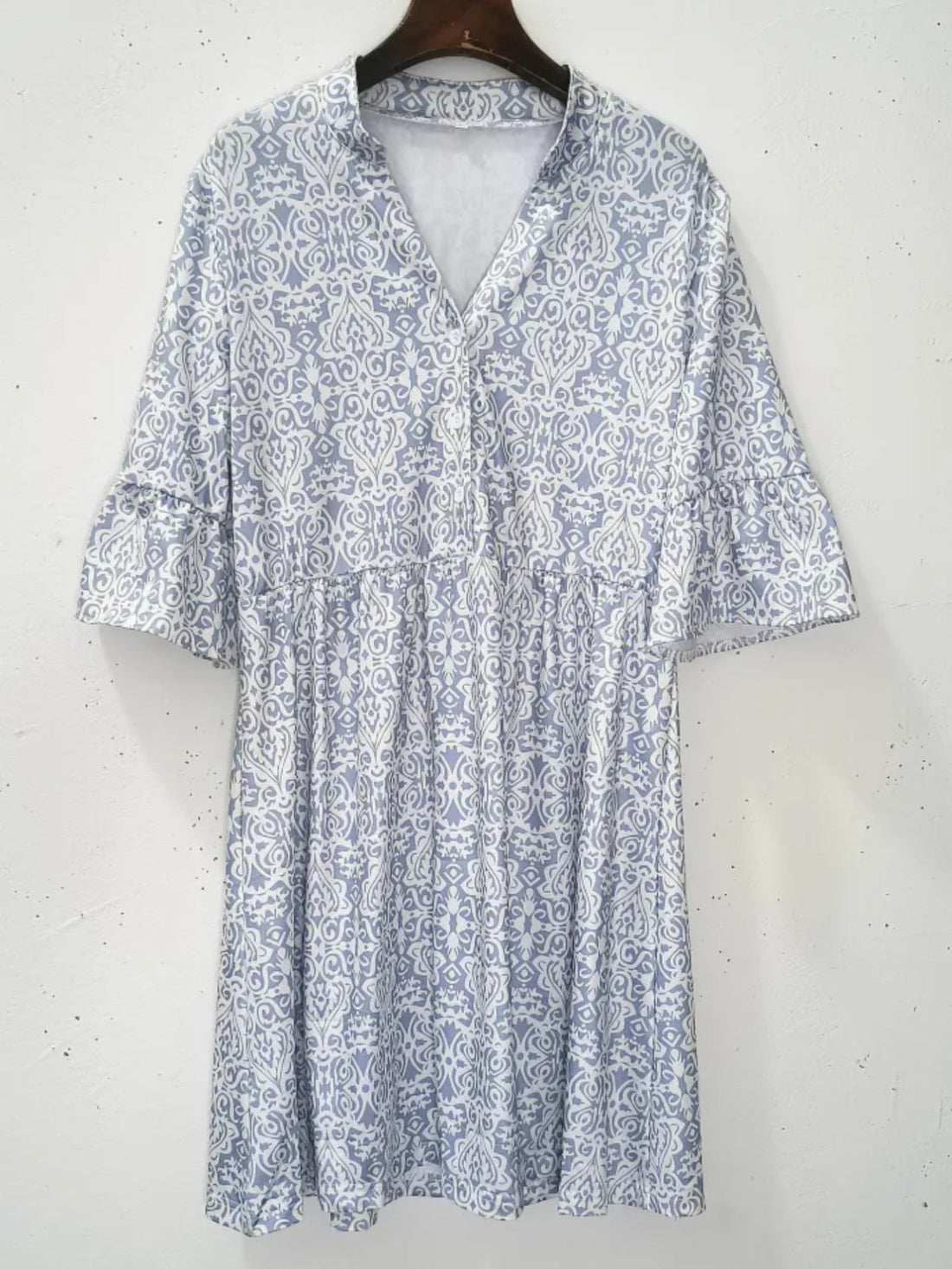 Mandala Print Flared Sleeve Dress, Casual Notch Neck Dress