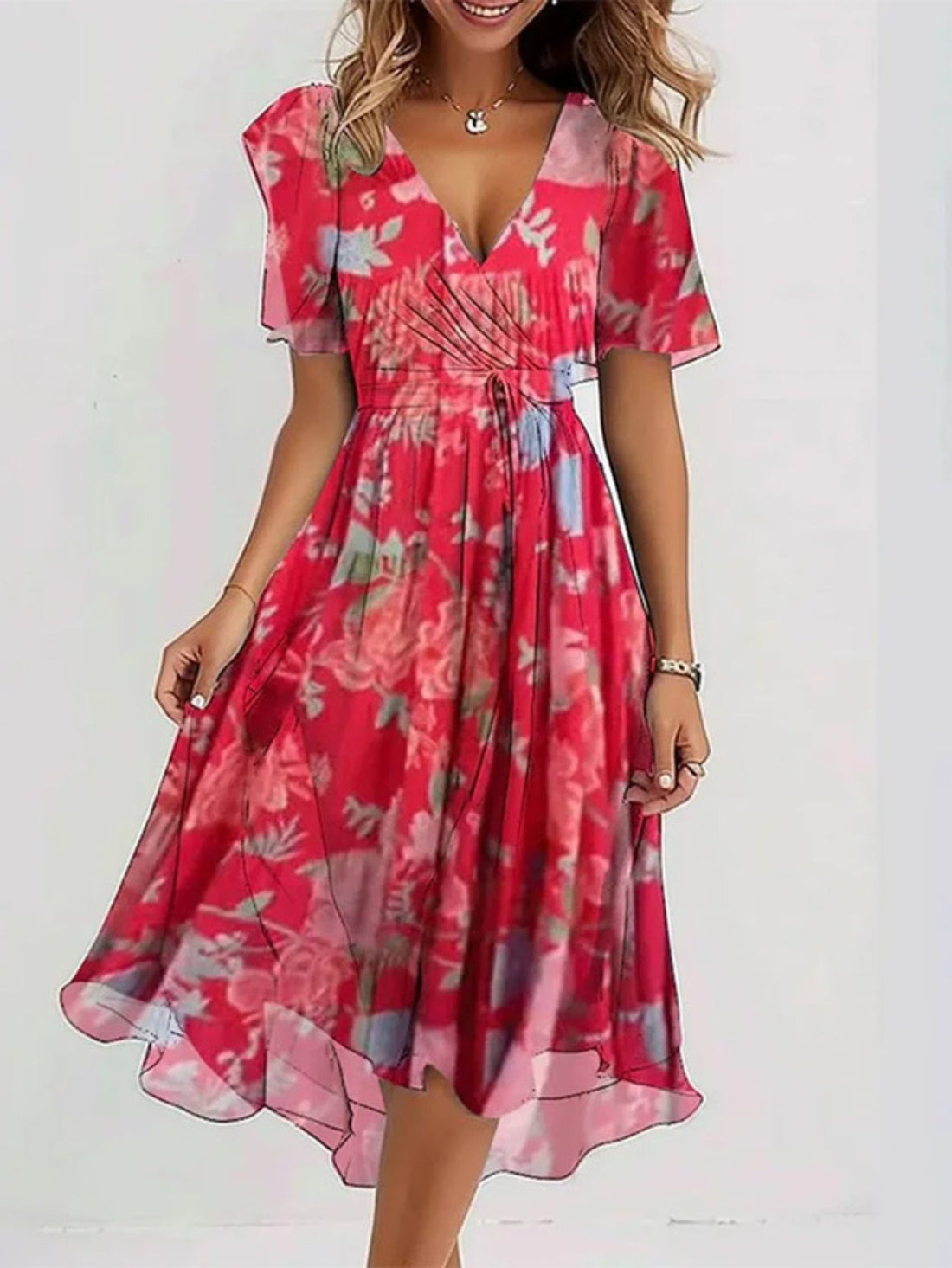 Short Sleeve V-Neck Floral Dress