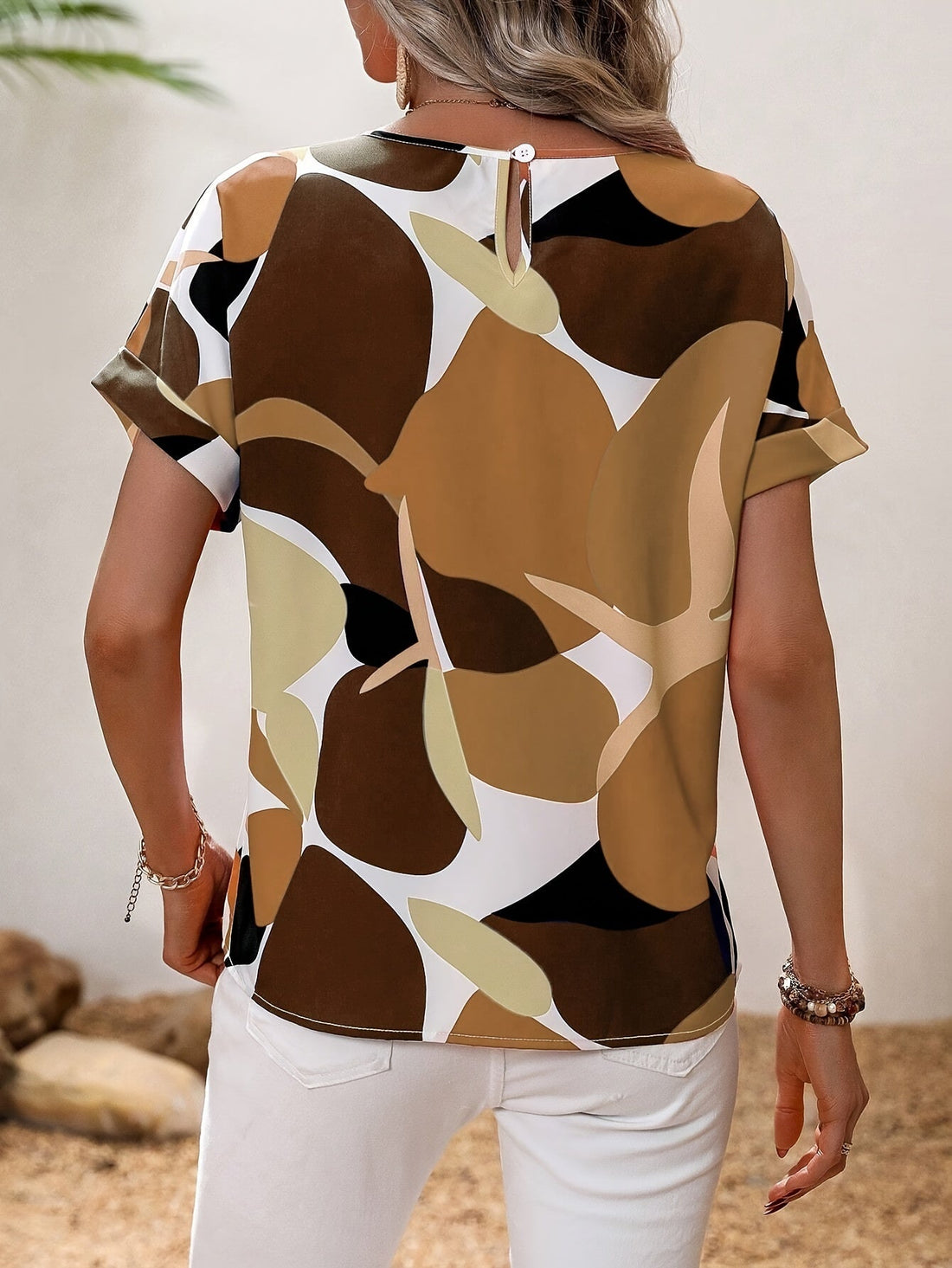 Floral Print Crew Neck Blouse, Casual Short Sleeve Top