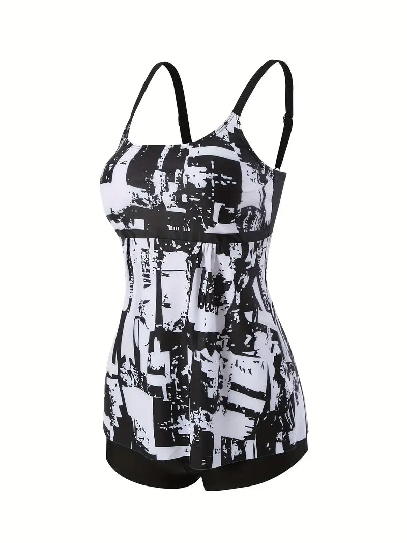 Colorful Digital Pattern Tankini Sets, Boxer Shorts Stretchy Tummy Cover Two Piece Swimsuit