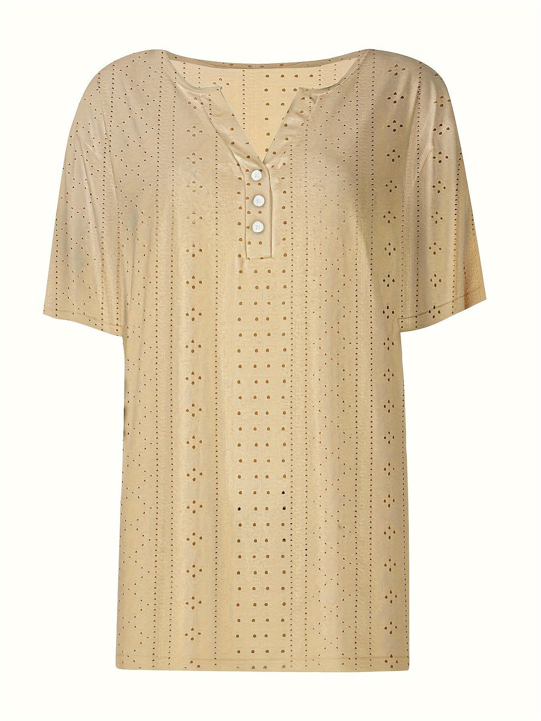 Eyelet Embroidered Button Front T-shirt, Casual V Neck Short Sleeve Top