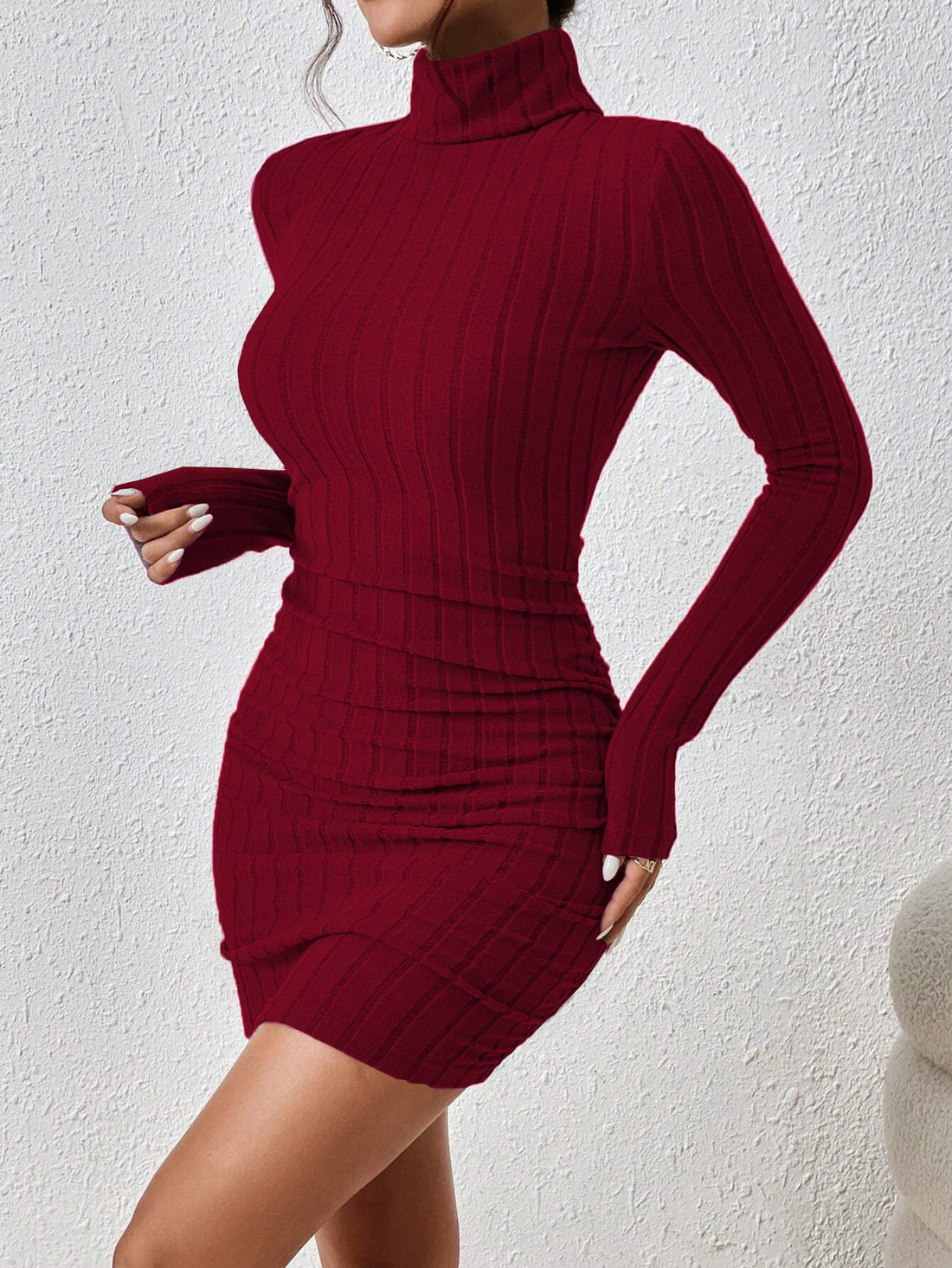 Stylish Ribbed Bodycon Turtleneck Dress - Elegant Long Sleeve Solid Design