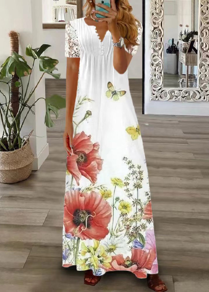 V-neck Single-breasted Lace Edge Short Sleeve Floral Print Dress