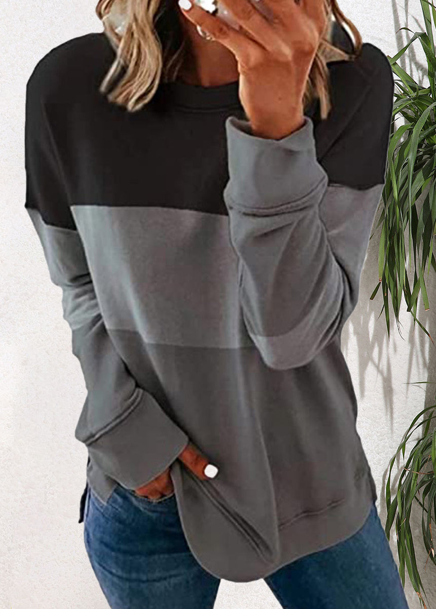 Spliced Color Block Round Neck Loose Long-sleeved Top