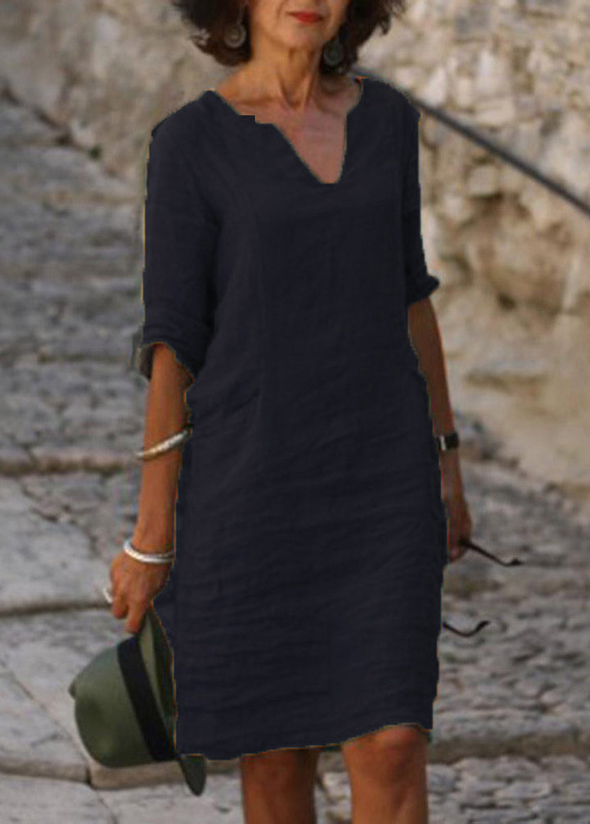 Cotton And Linen Small V-Neck Splicing Retro Solid Color Seven-Point Sleeve Dress