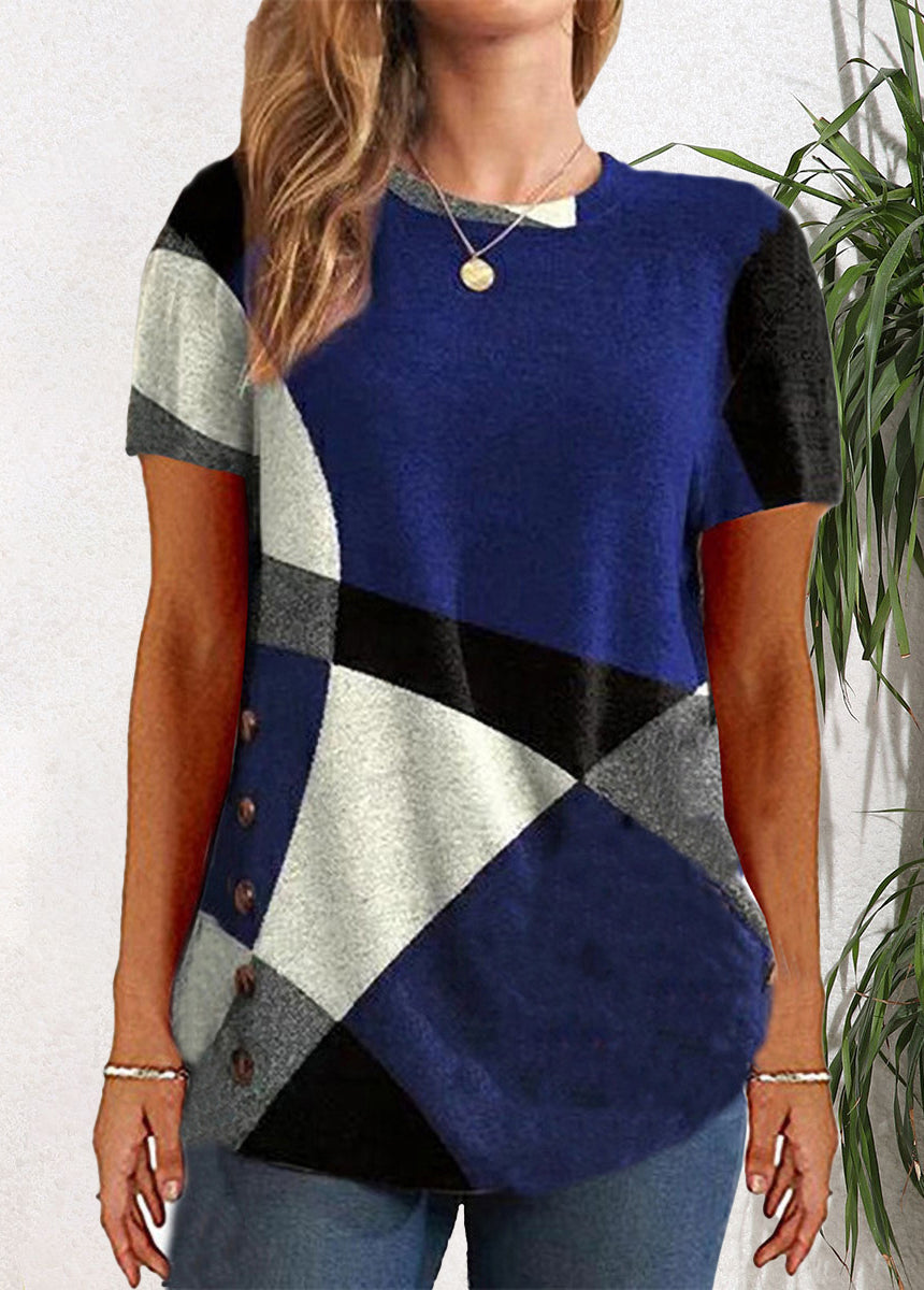 Round Neck Color Block Printed Short Sleeve T-shirt