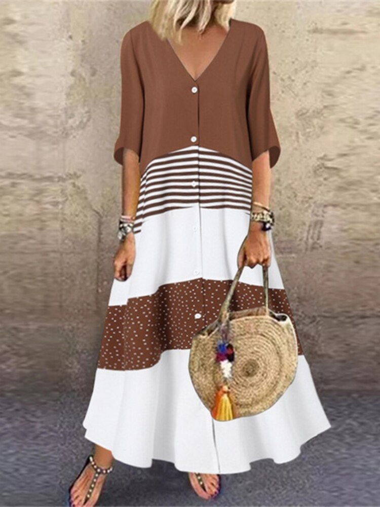 V-neck Short Sleeve Printed  Long Button Casual Maxi Dress