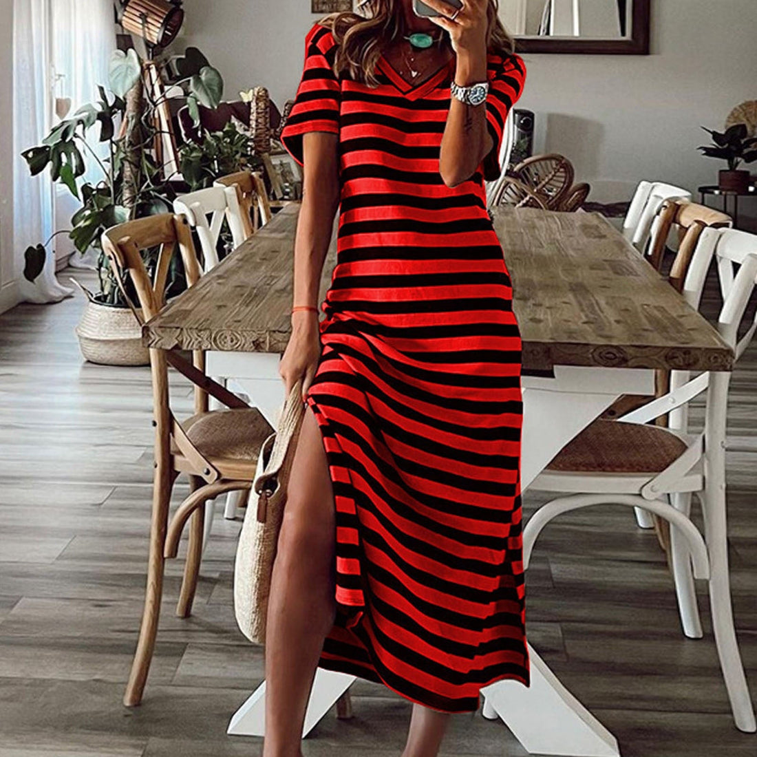 Short Sleeve Striped Split Floral  Maxi Dress