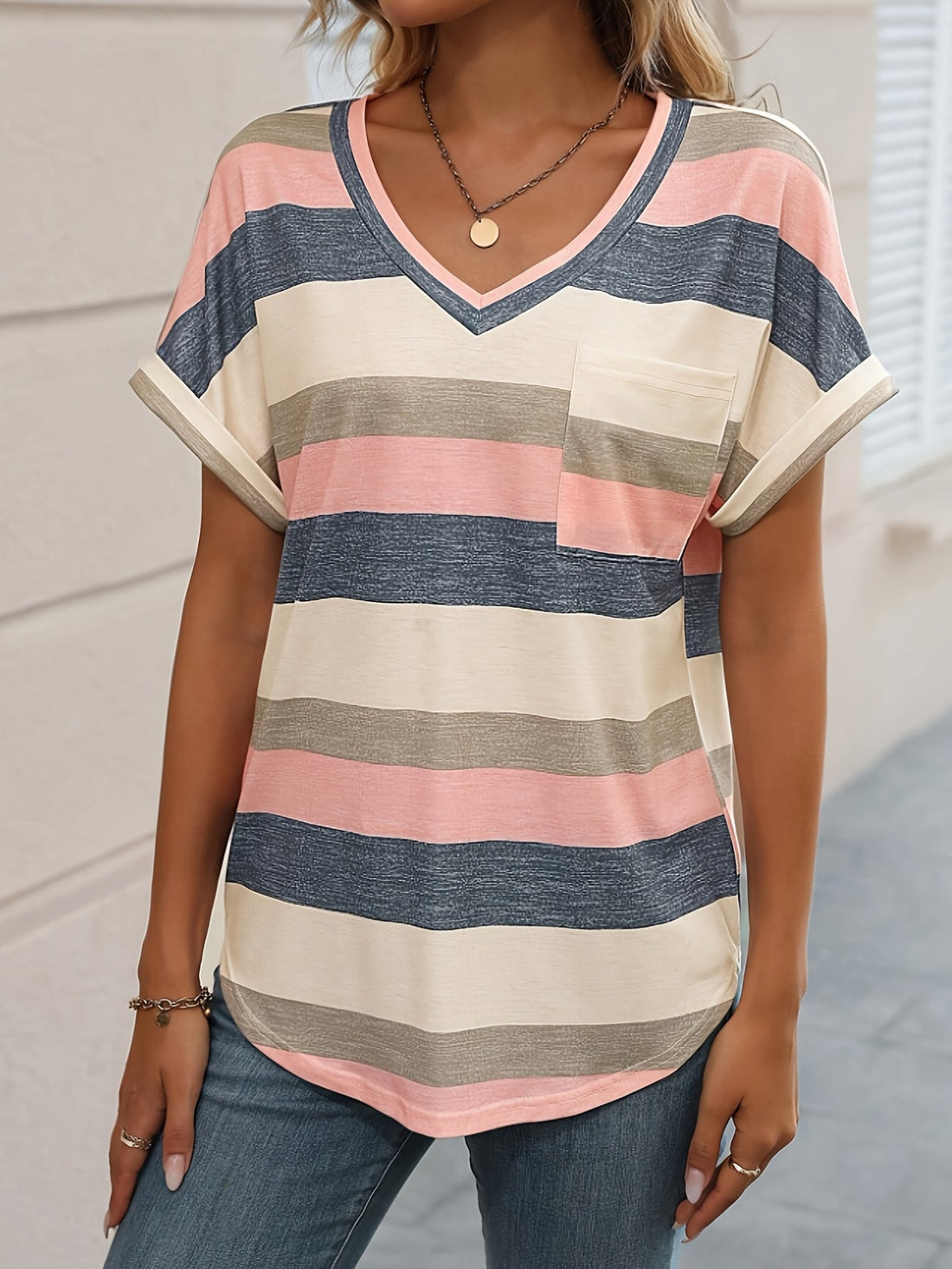 Stripe Print V Neck T-Shirt, Casual Short Sleeve T-Shirt