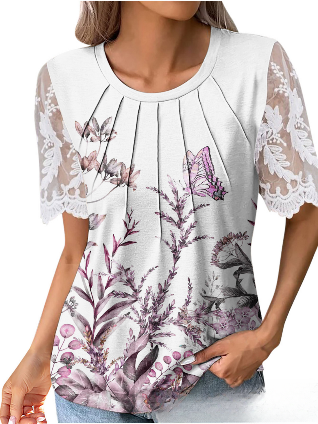 Long Length Elegant Contrast Lace Square Neck Short Sleeve T-Shirt