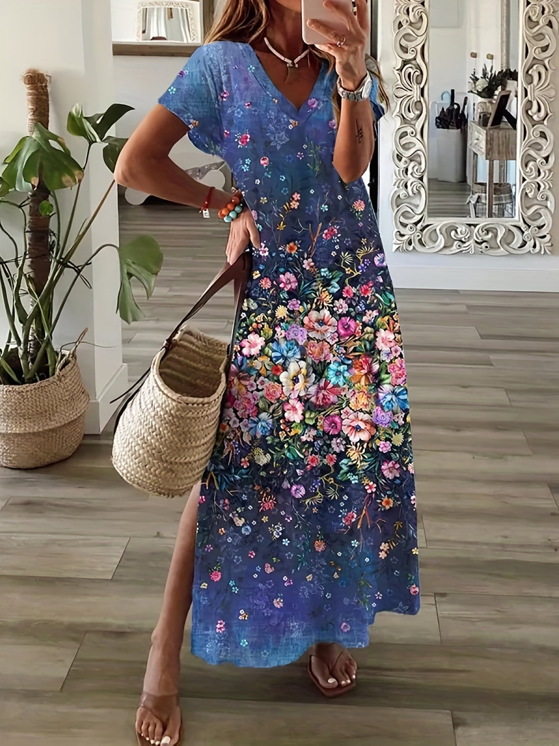 Floral Print Side Split Dress, Casual V Neck Short Sleeve Dress, Women's Clothing