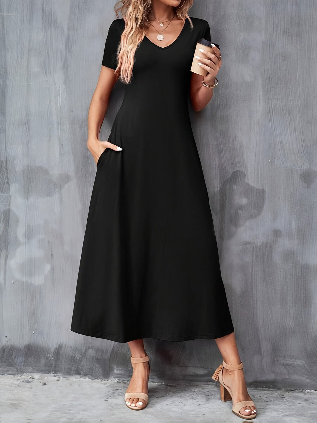 V-Neck A-Line Dress with Pockets - Elegant, Comfortable, Casual Polyester Blend