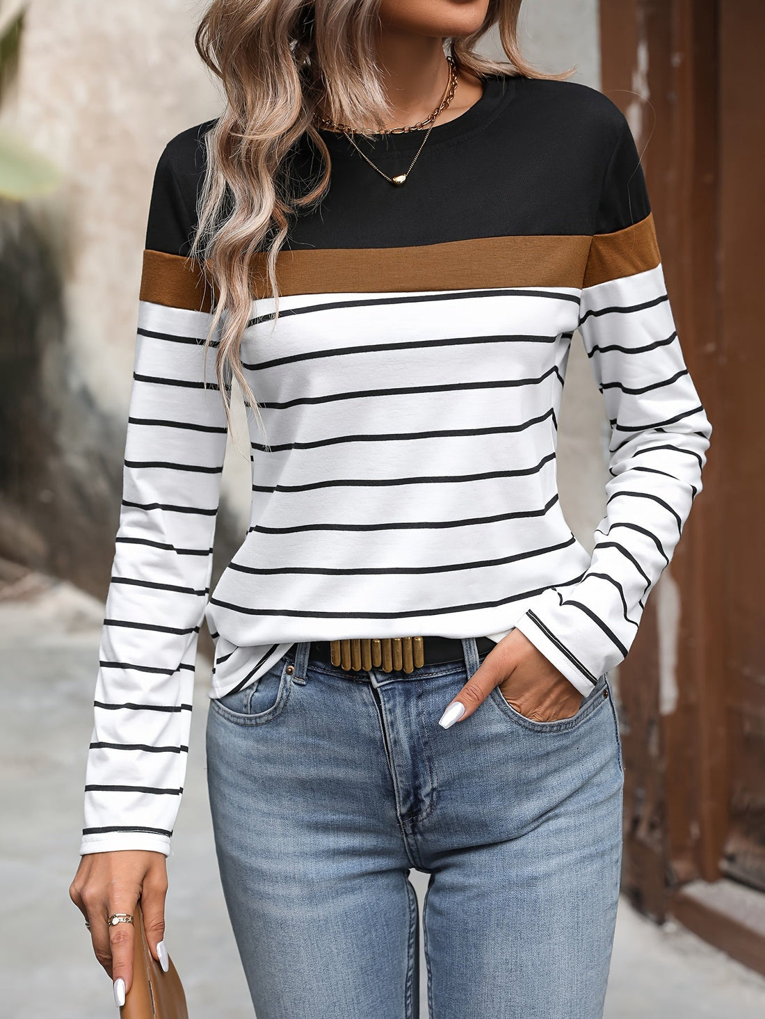 Women's Striped Color Block T-Shirt - Casual Long Sleeve Top