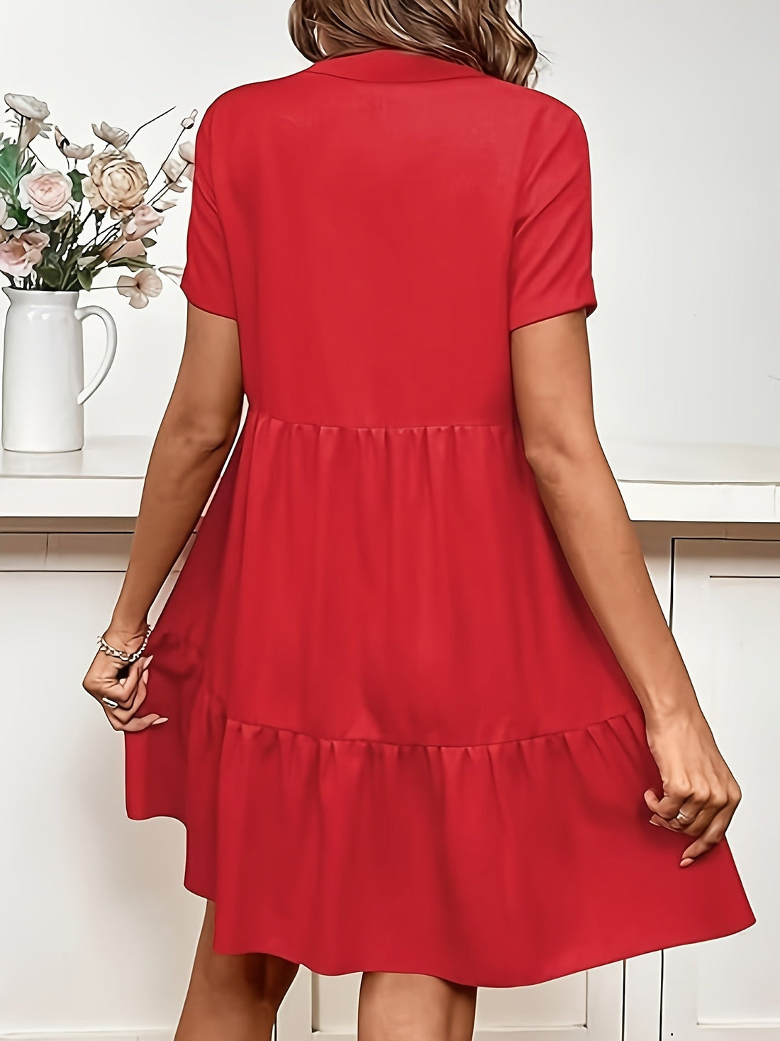 Linen Women's Summer Dress - Loose Fit, Short Sleeve, Lapel Collar, Button Front