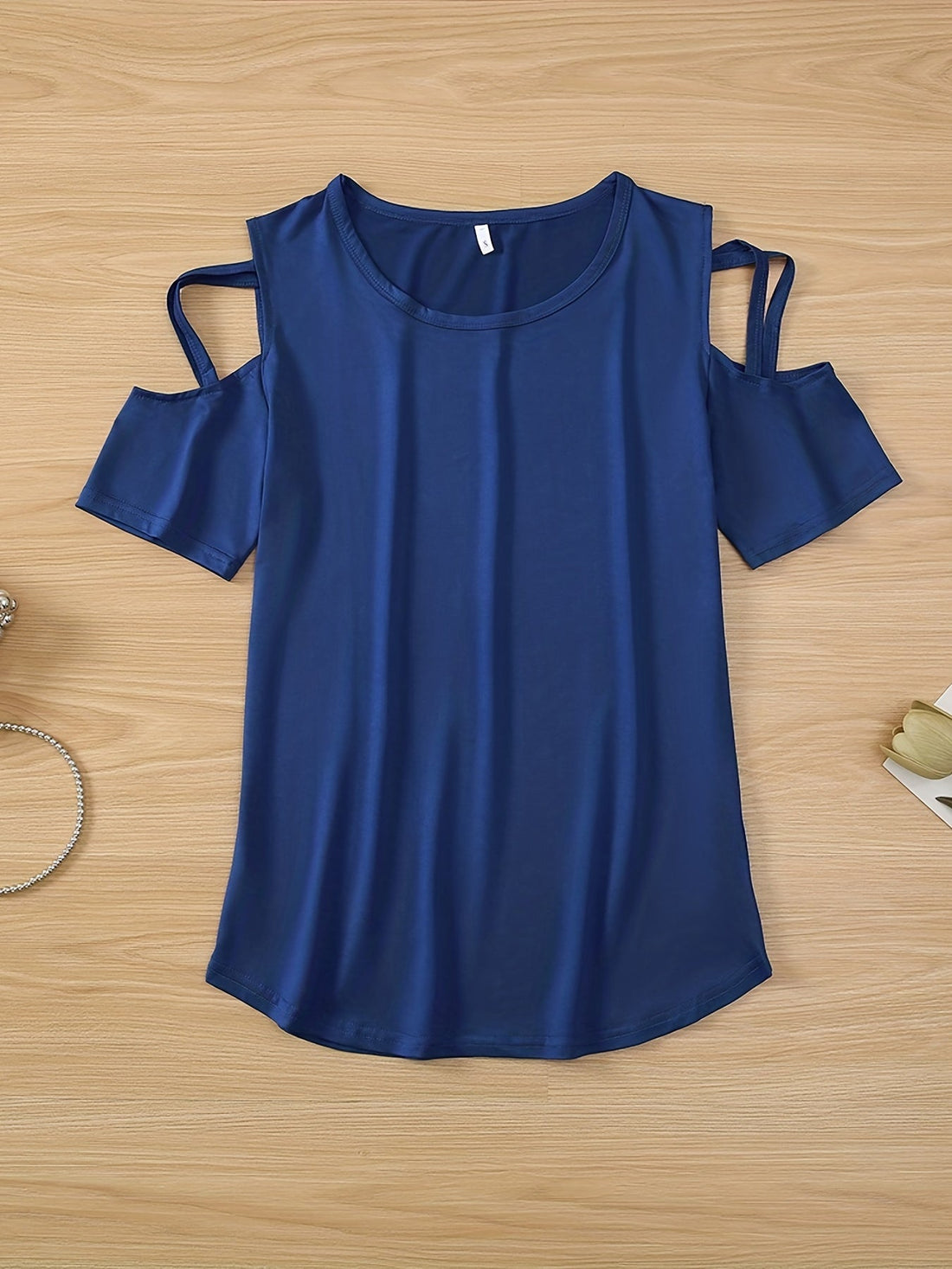 Solid Cold Shoulder T-shirt, Casual Crew Neck Short Sleeve T-shirt