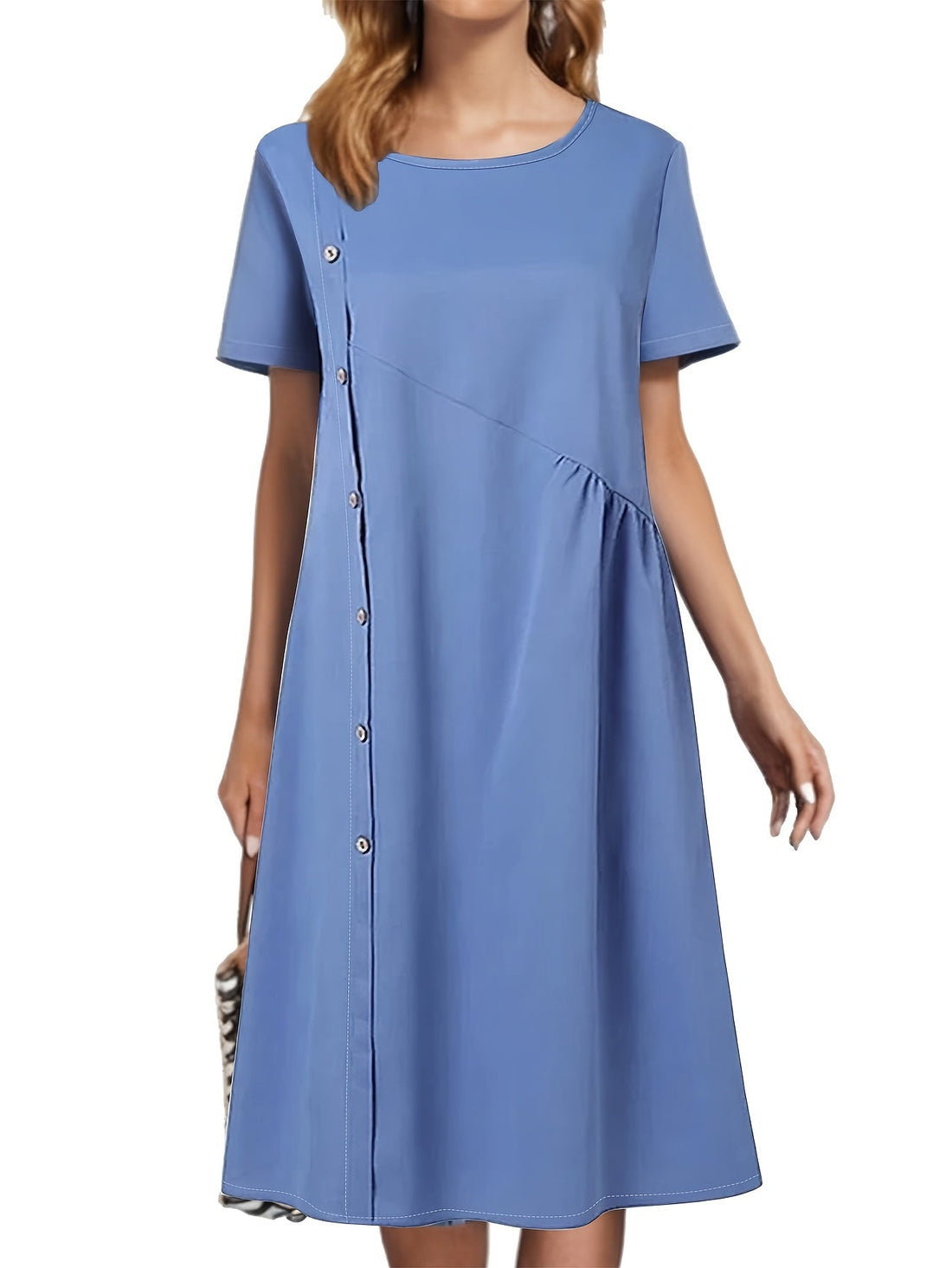 Polyester Women's Summer Dress | Light Blue Casual A-Line Mini with Decorative Buttons