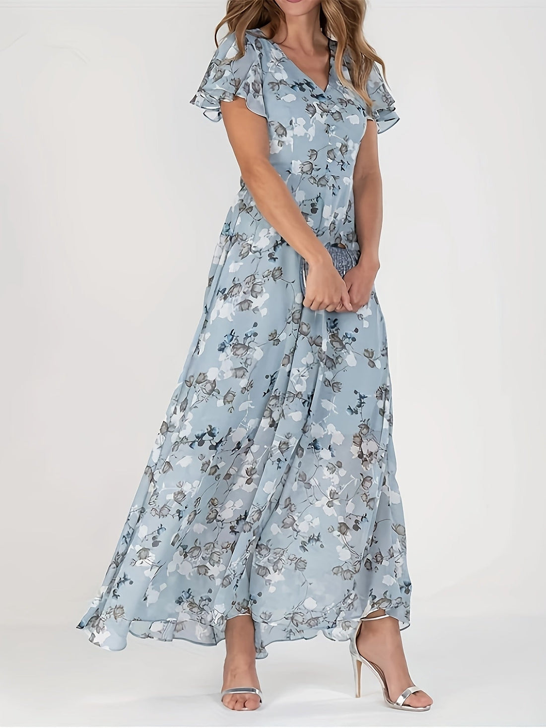 Elegant Floral Print V-Neck Maxi Dress