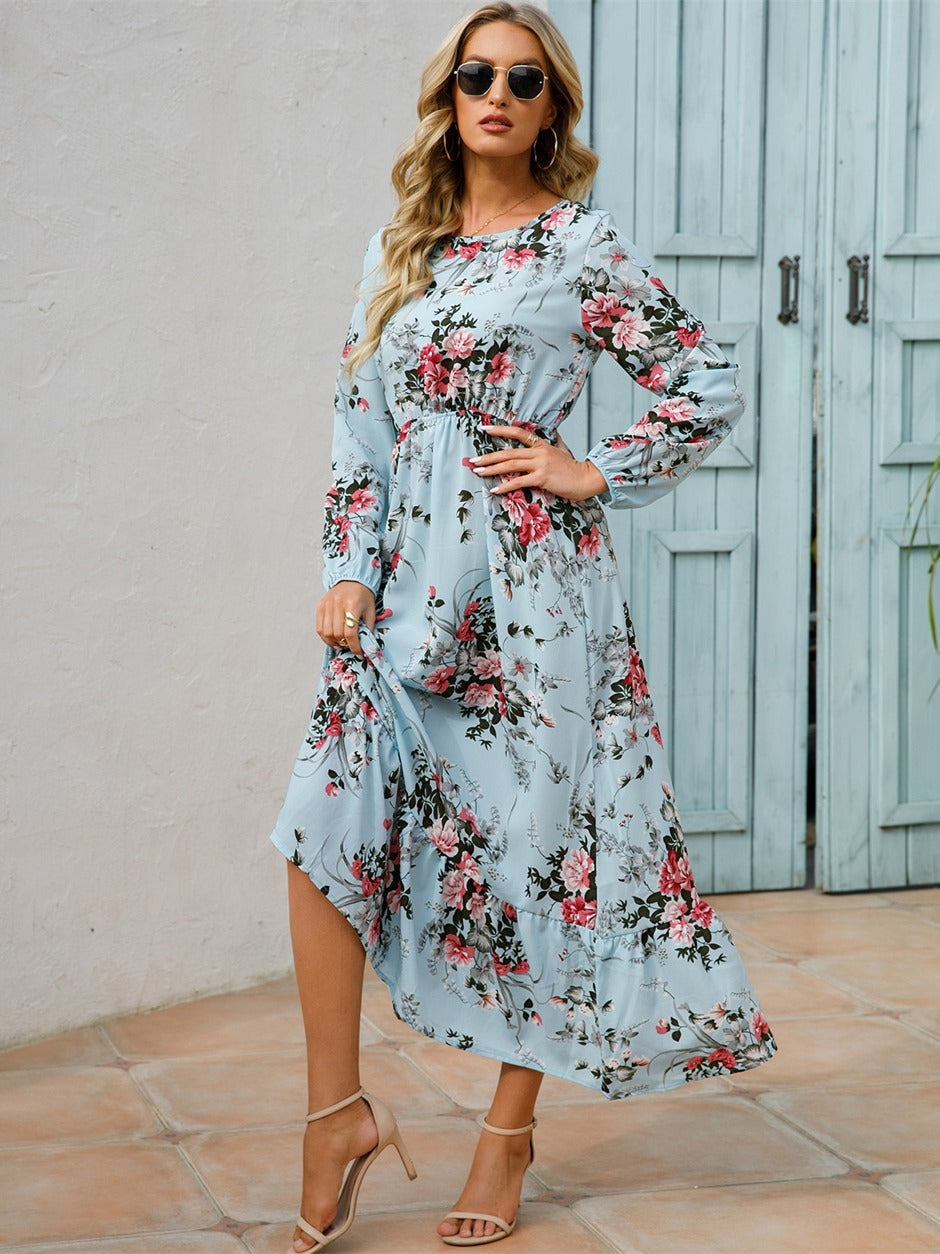 Floral Long Sleeve Maxi Dress, Long Sleeve Loose Crew Neck Dress, Casual Dresses