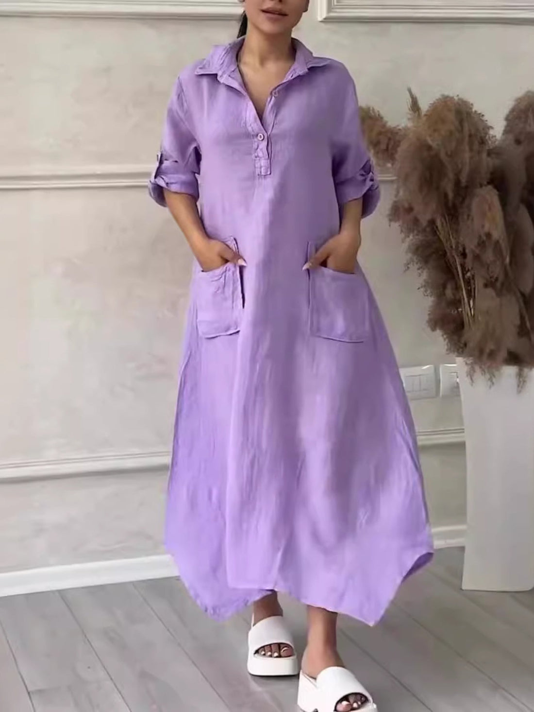 Solid Color Casual Shawl Collar Plain Loose Dress