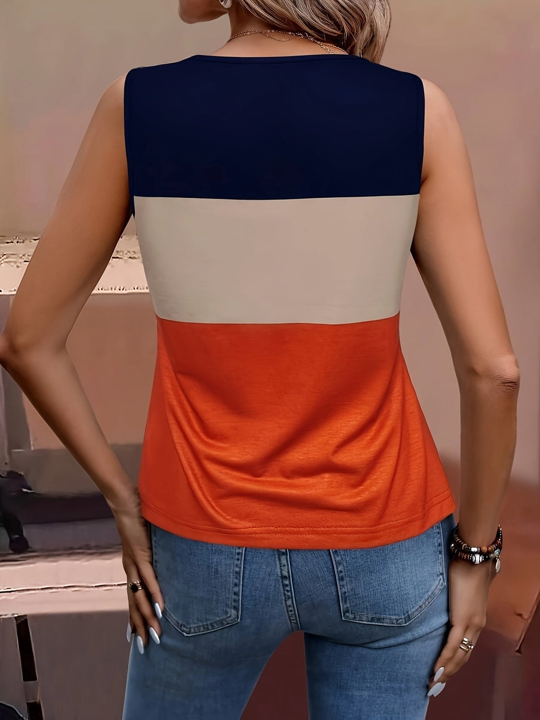 Color Block Tank Top, Casual Square Neck Tank Top