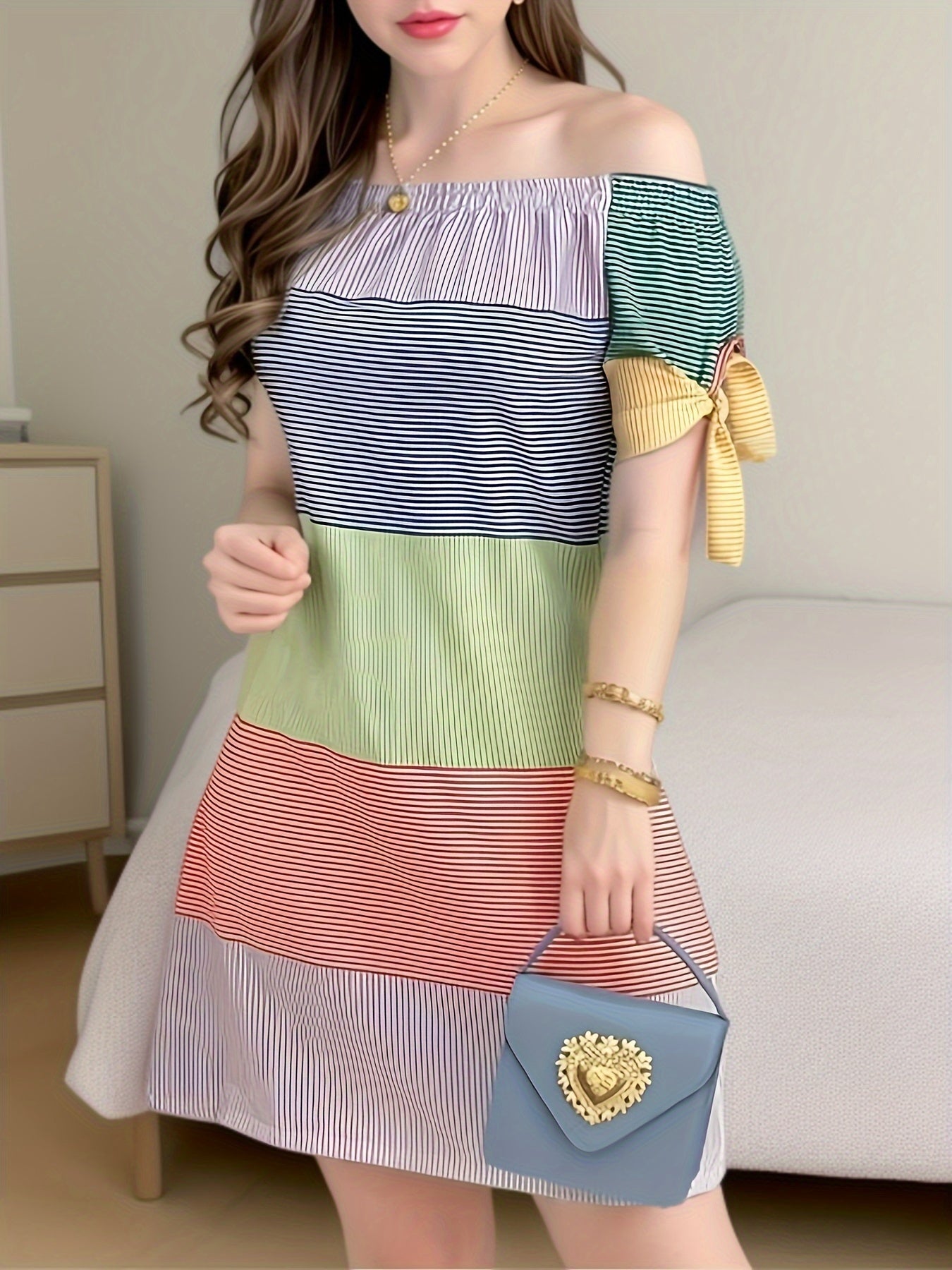 Color Block Striped Print Off-shoulder Dress, Casual Knot Sleeve Dress