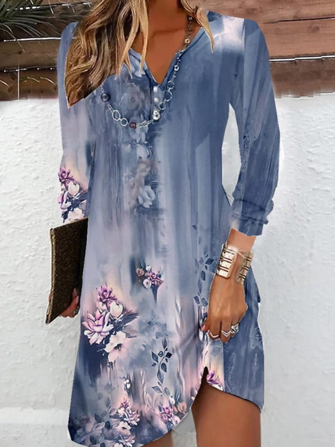 Floral Print Notched Neck Dress, Vintage Long Sleeve Mini Dress