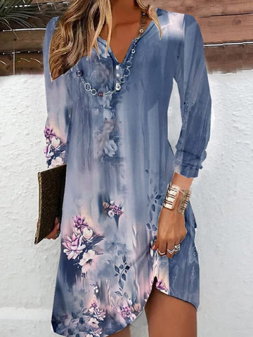 Floral Print Notched Neck Dress, Vintage Long Sleeve Mini Dress