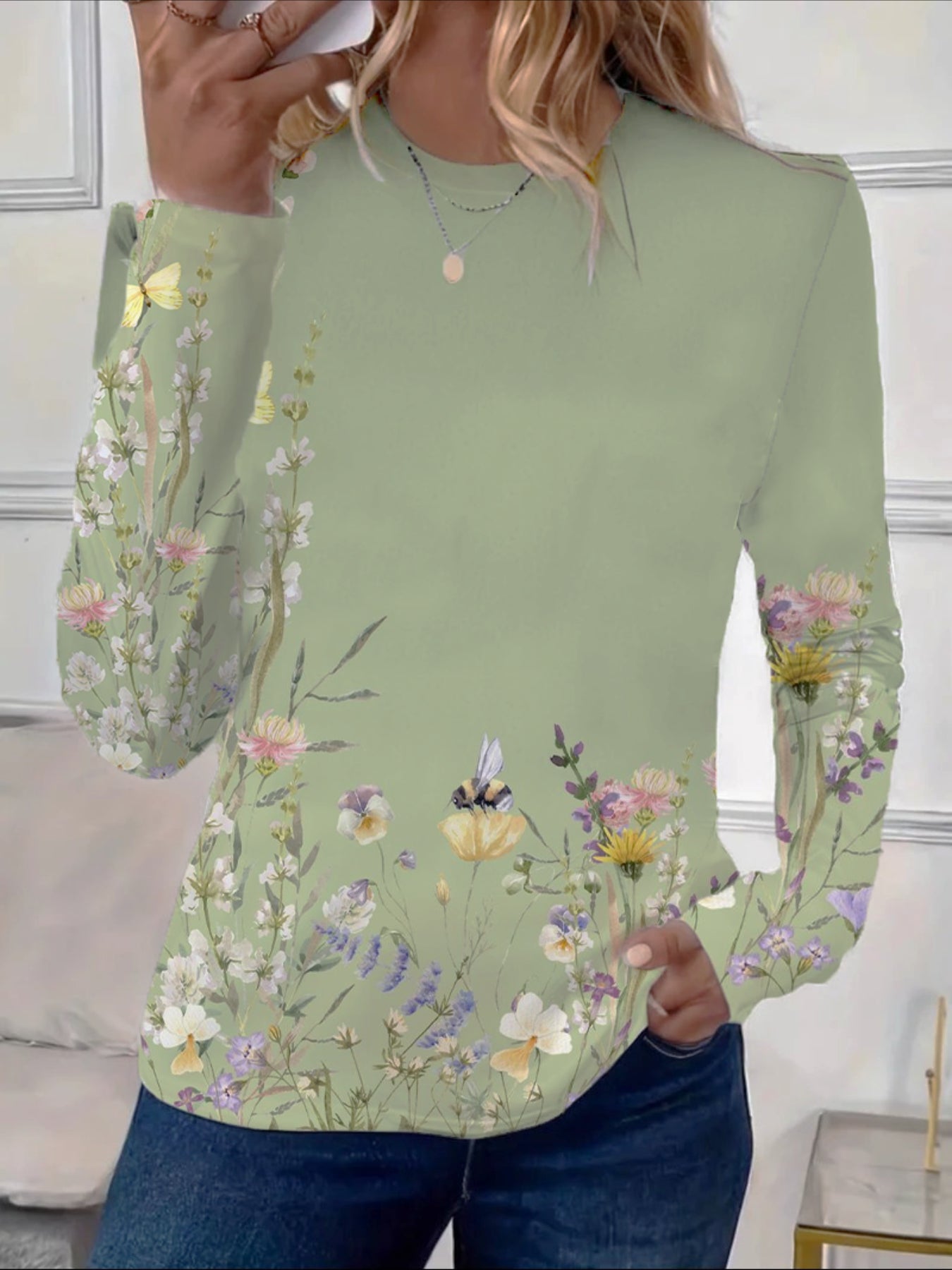 Long Sleeve  Floral Printing Crew Neck Casual Graphic Tee