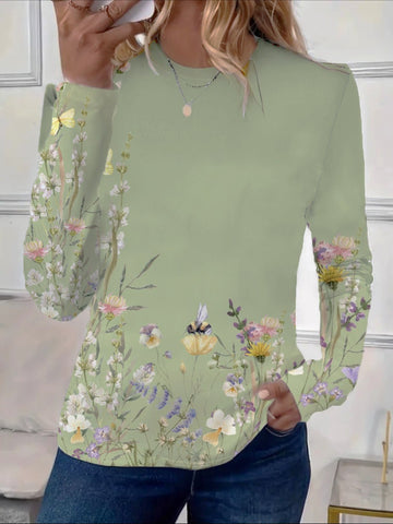 Long Sleeve  Floral Printing Crew Neck Casual Graphic Tee