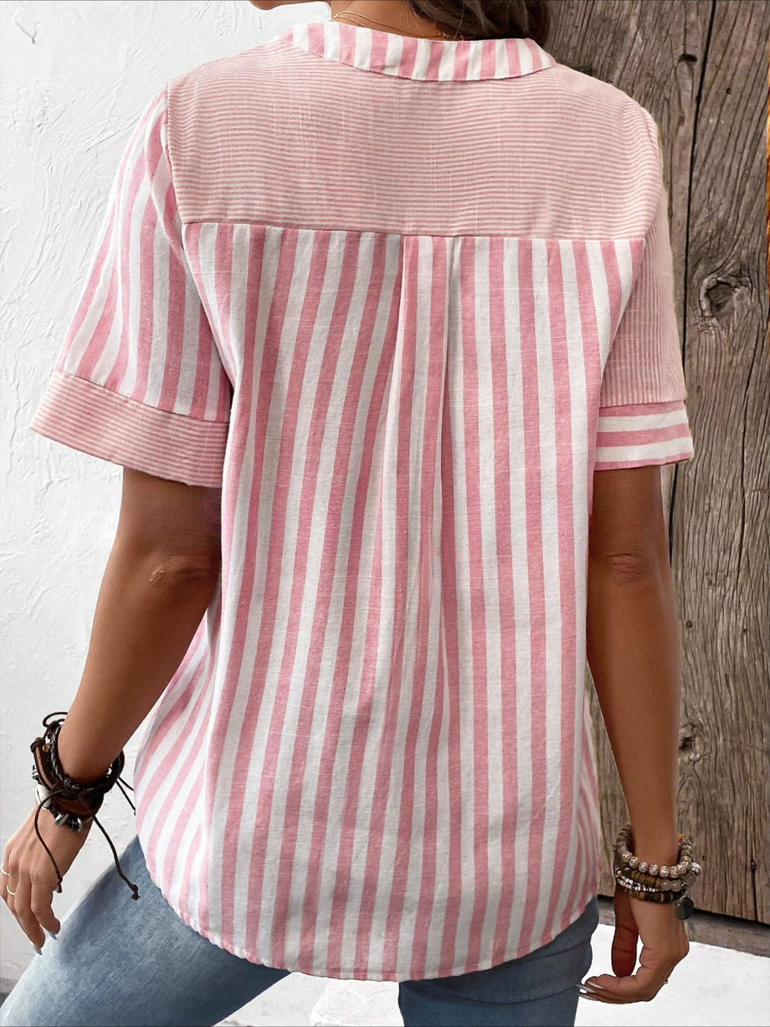 Stylish Short Sleeve Striped Notched Neck Pleated Front Button Closure Top