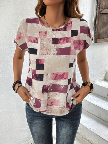 Graphic Print Crew Neck T-shirt, Short Sleeve Aztec Print Tops