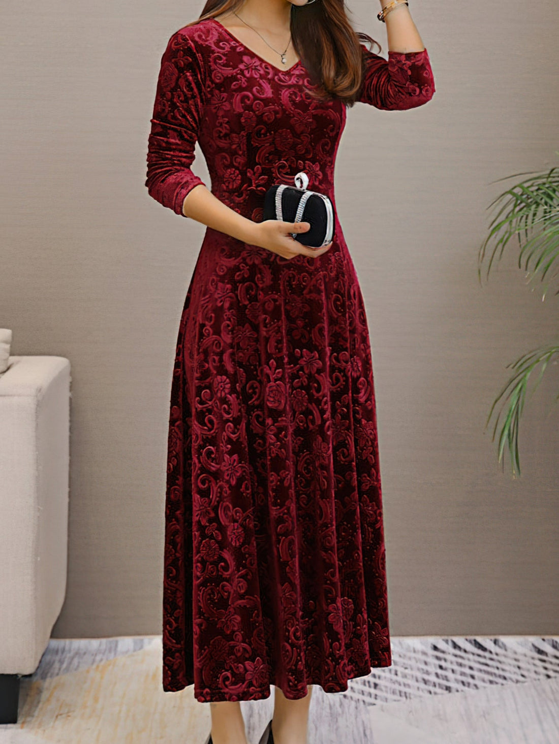 Solid Color Long Sleeve Dress, Elegant V Neck Flared Dress