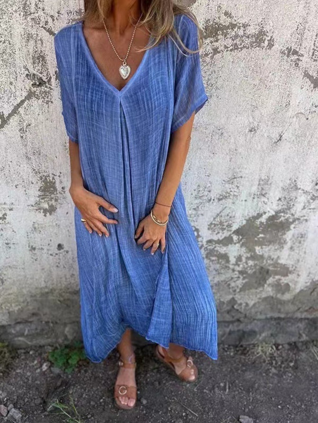 Solid Color Cotton Linen V-Neck Casual Maxi Dress
