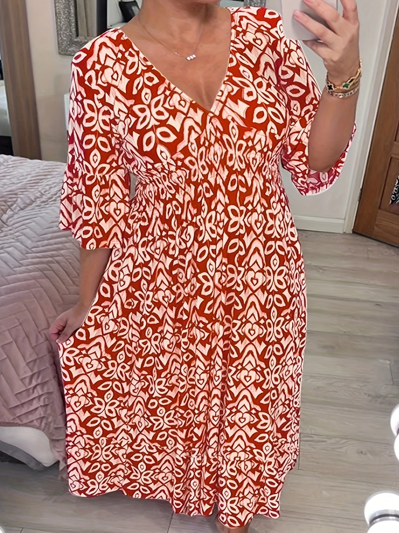 Women's Floral Print Half Sleeve V Neck Slight Stretch Maxi Dress