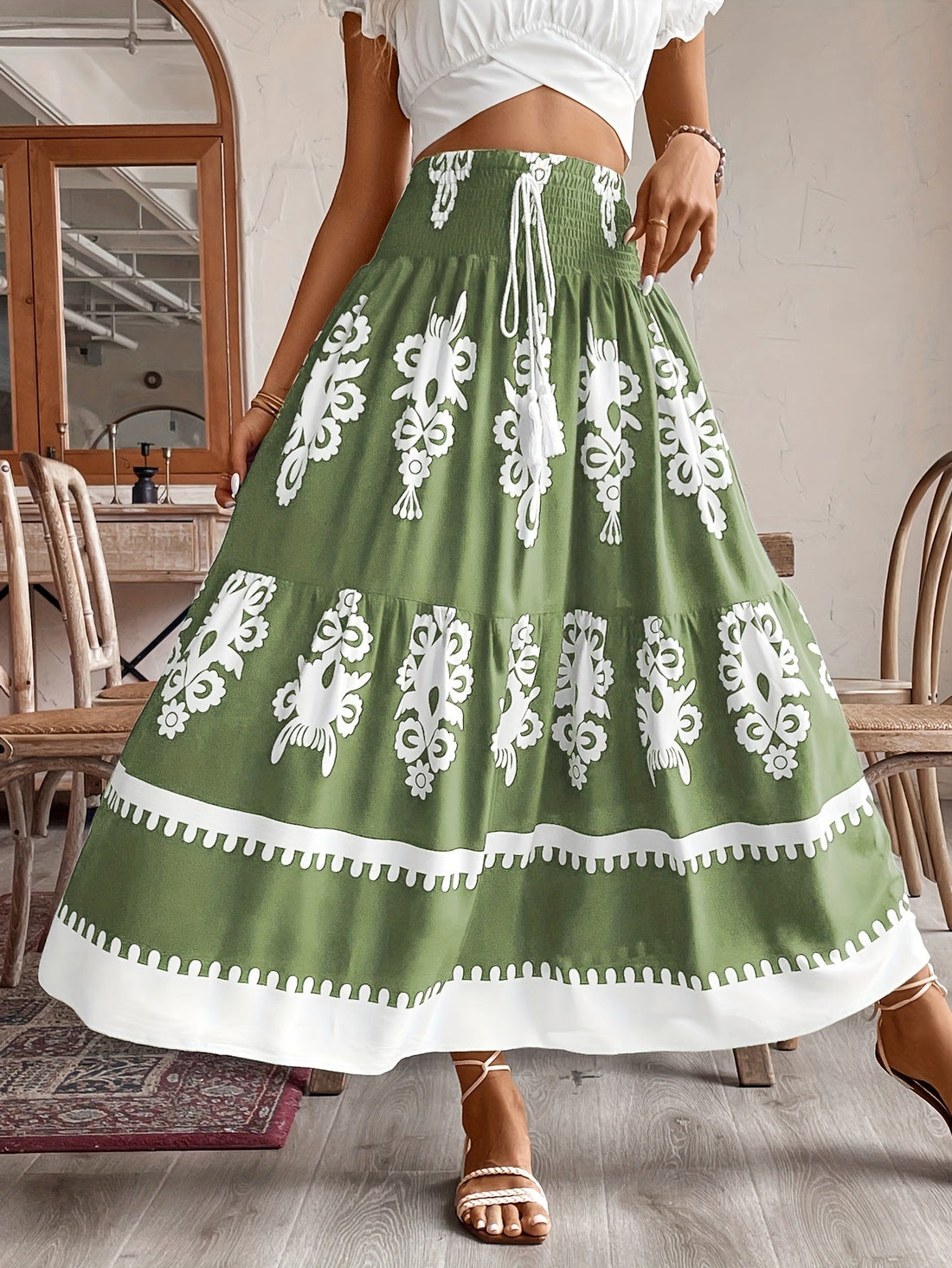 Elegant Women's Ethnic Print A-Line Skirt - High Waist, Flowing Silhouette